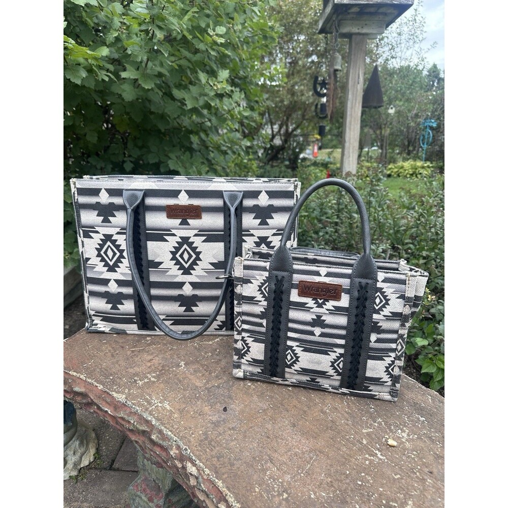 Wrangler Southwestern Aztec Tote & Satchel Handbag 2-Piece Set Black Gray